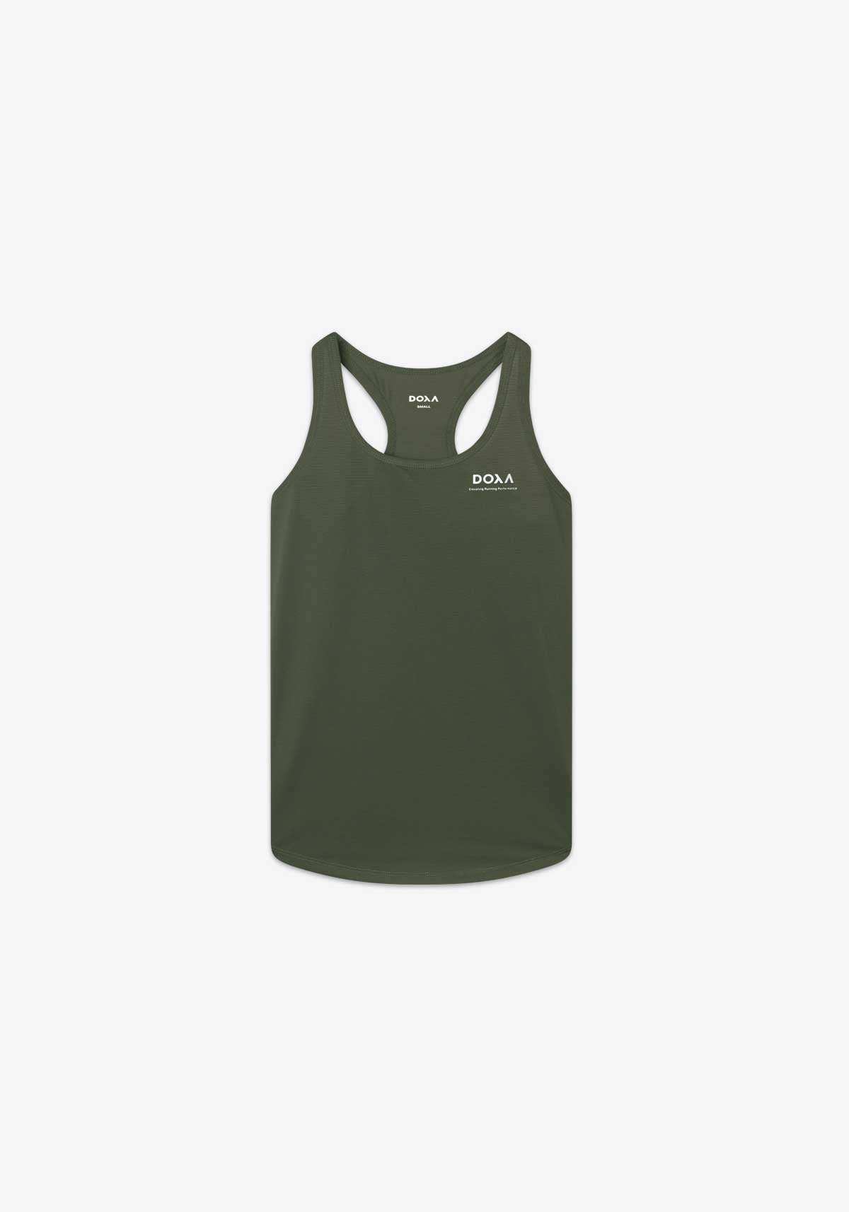 WNS RERUN SINGLET in forest green with racerback design and reflective graphics.